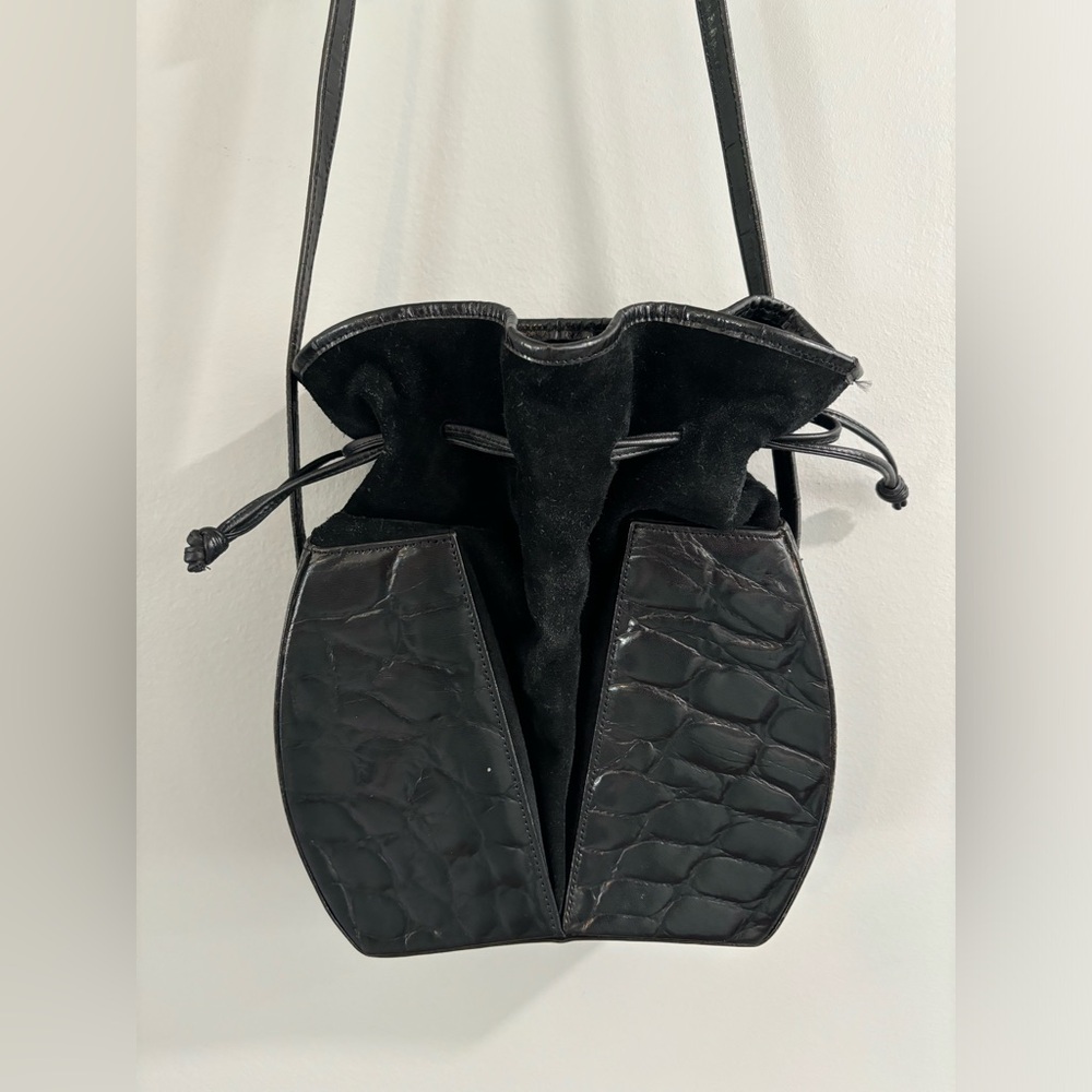 Black Leather Croc-Textured Drawstring Bucket Bag - Picture 4 of 16